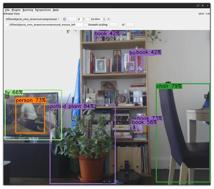 Snapshot of ROS 2 TF Lite package running object detection at 30Hz on the Coral board, visualised using RQT
